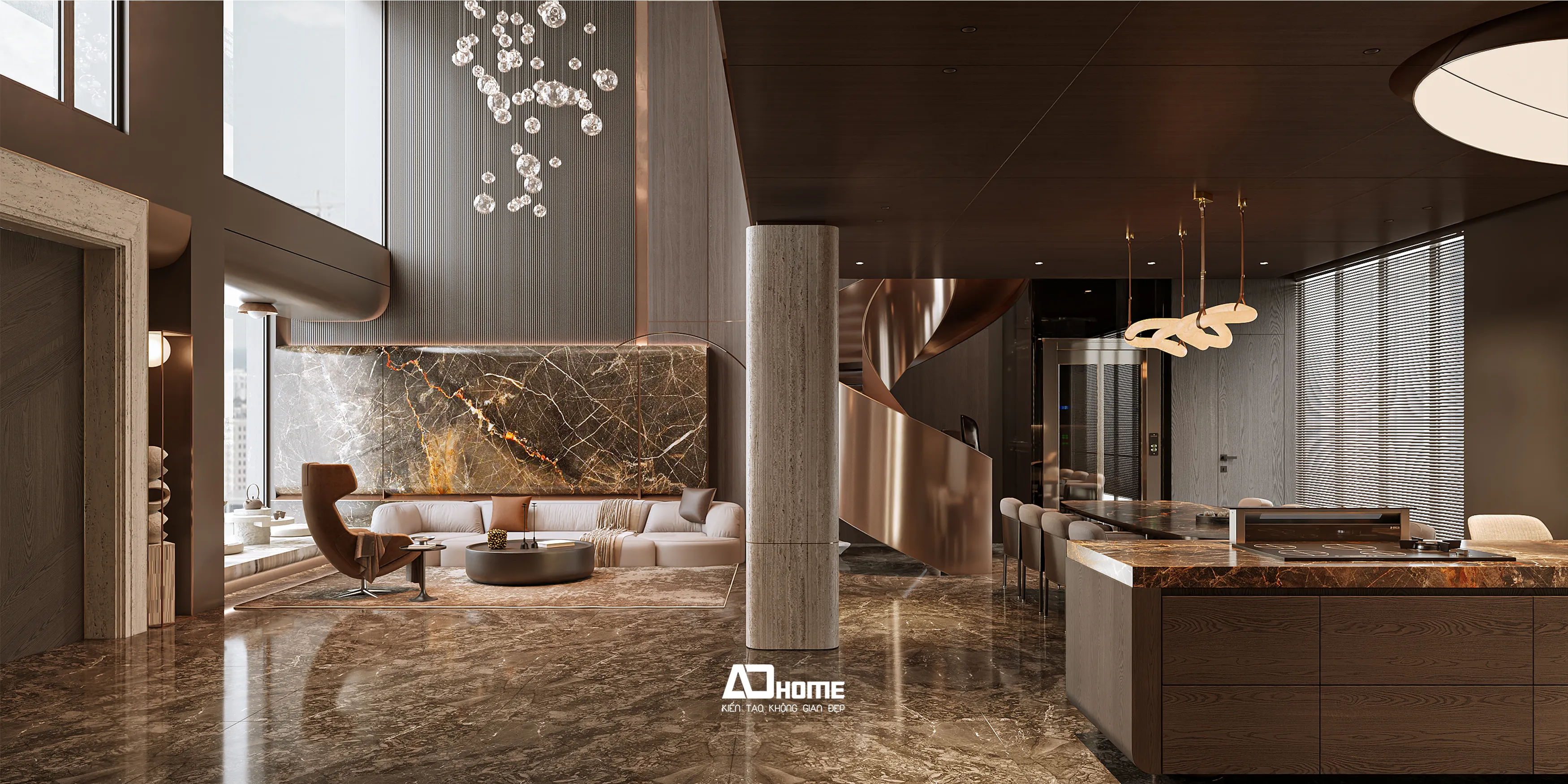 Thiết kế nội thất biệt thự Vinhomes Ocean Park với không gian phòng khách bếp liên thông